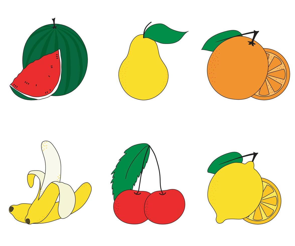 en uppsättning av flera frukt vattenmelon, citron, orange, päron, körsbär, banan vektor
