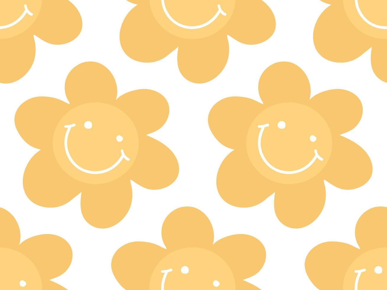 Blumenhintergrund des netten einfachen nahtlosen Musters mit Gekritzelgänseblümchen-Blumenkopf, Gesicht mit Lächeln. positive gelbe blumenkulisse vektor