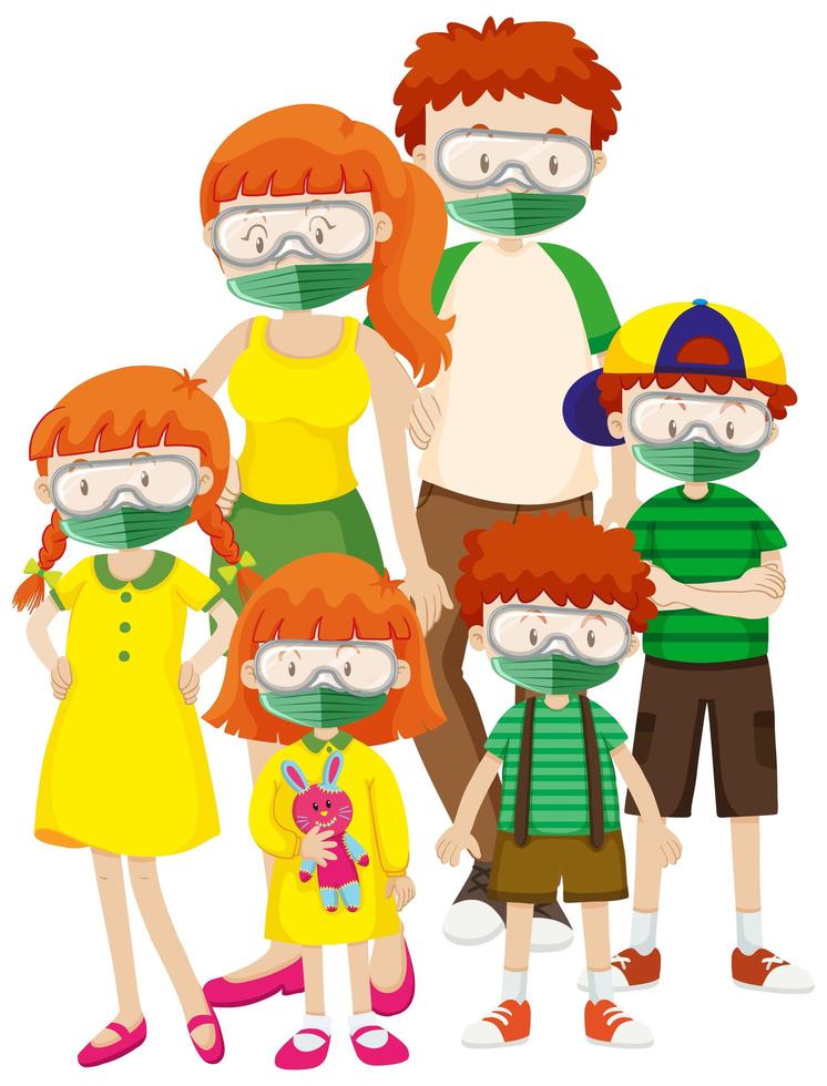 coronavirus-temaplakat med familj som bär masker vektor