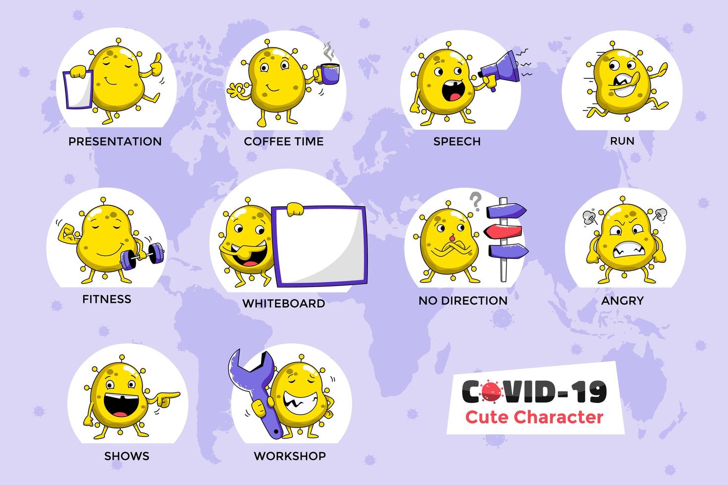 gelber Covid-19-Coronavirus-Zeichensatz vektor