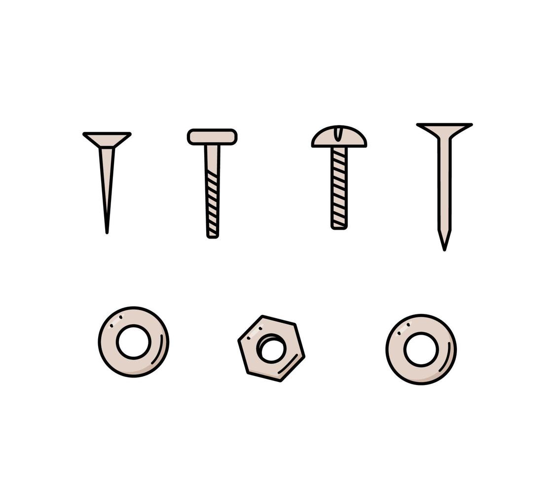 Nägel Schrauben und Muttern Unterlegscheiben, Vektor-Doodle-Set von Bauelementen vektor
