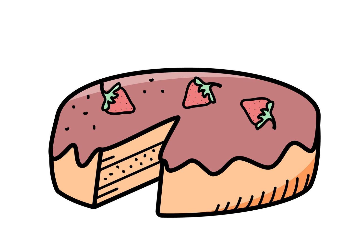 ljuv choklad kaka med jordgubb bär, vektor illustration av klotter stil.