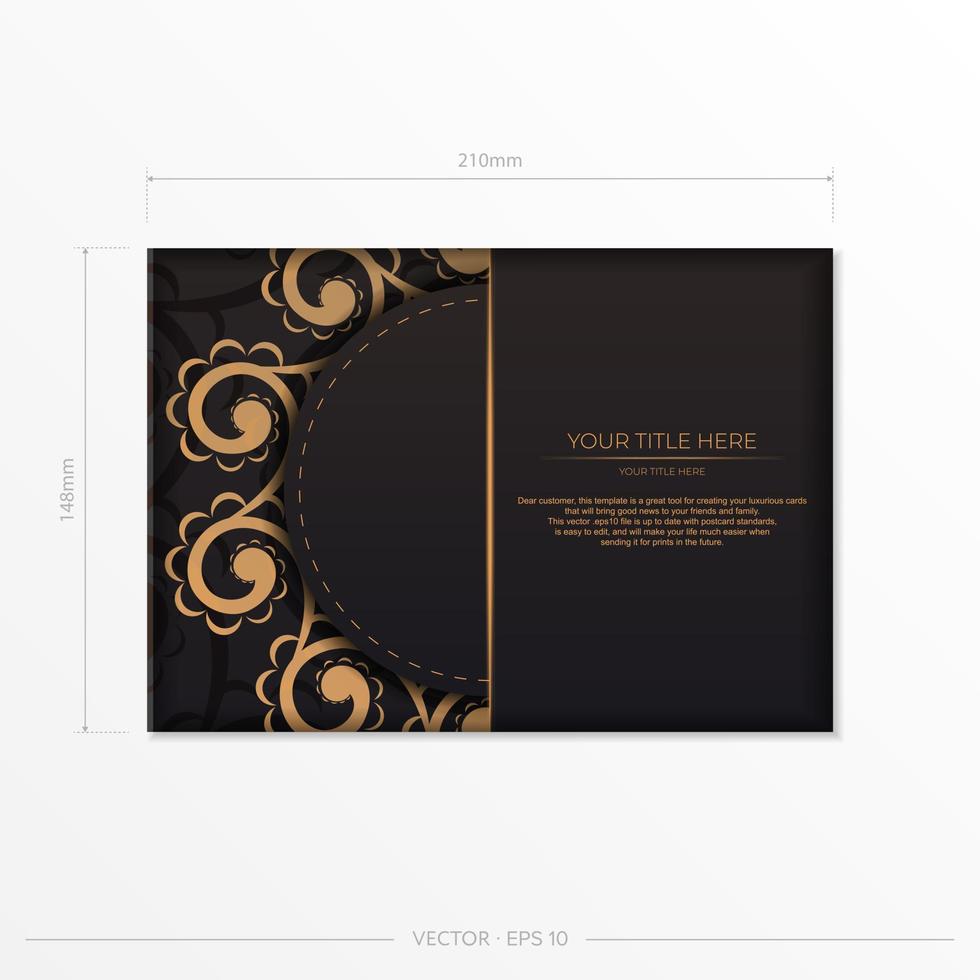 rektangulär vektor framställning vykort i svart med indisk ornament. mall för design tryckbar inbjudan kort med mandala mönster.
