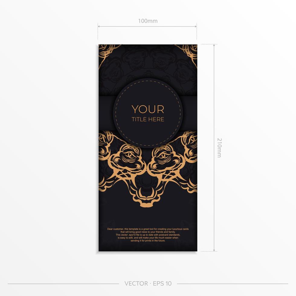 rektangulär framställning vykort i svart med lyxig guld ornament. mall för design tryckbar inbjudan kort med årgång mönster. vektor