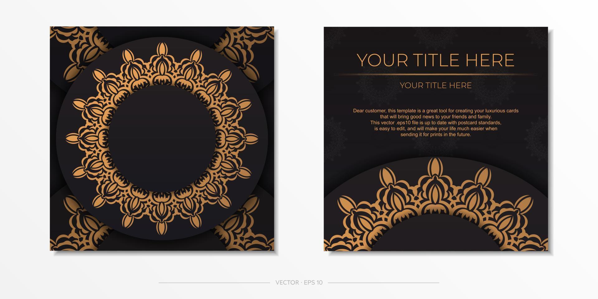lyxig svart Färg vykort mall med årgång prydnad. skriva ut redo inbjudan design med mandala mönster. vektor