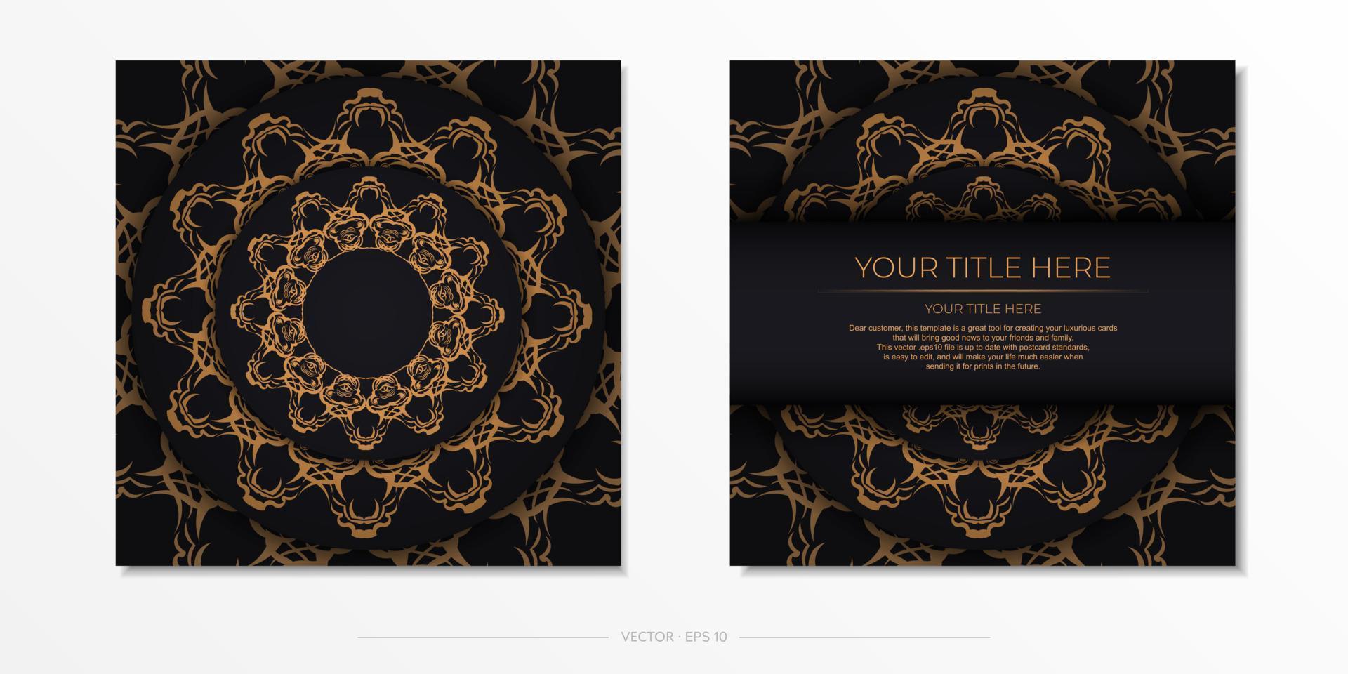 quadratische Postkarten in Schwarz mit luxuriösen Goldverzierungen. einladungskartendesign mit vintage-mustern. vektor