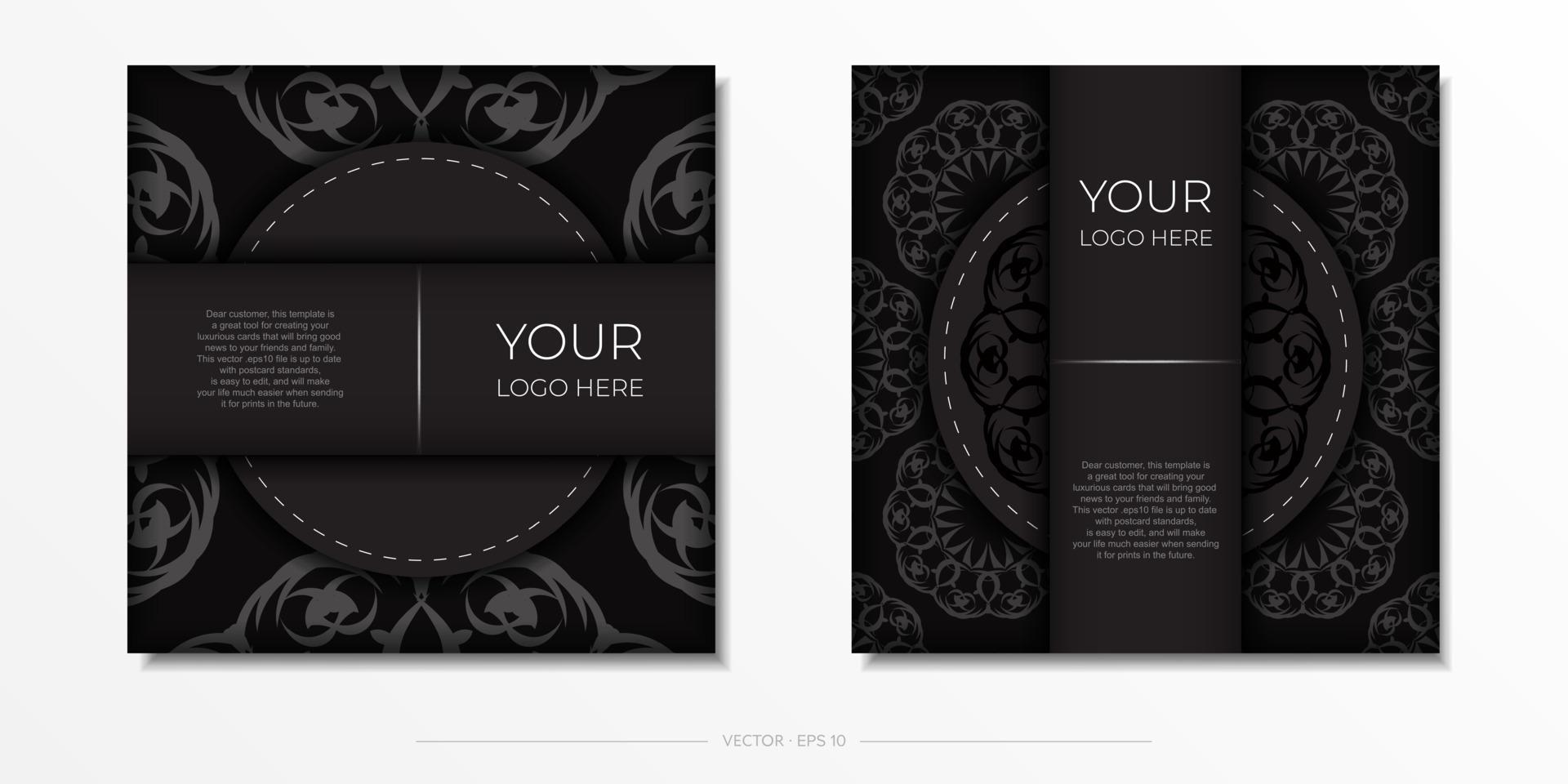 fyrkant vektor mall för skriva ut design vykort i svart Färg med lyx ornament. framställning ett inbjudan kort med årgång mönster.