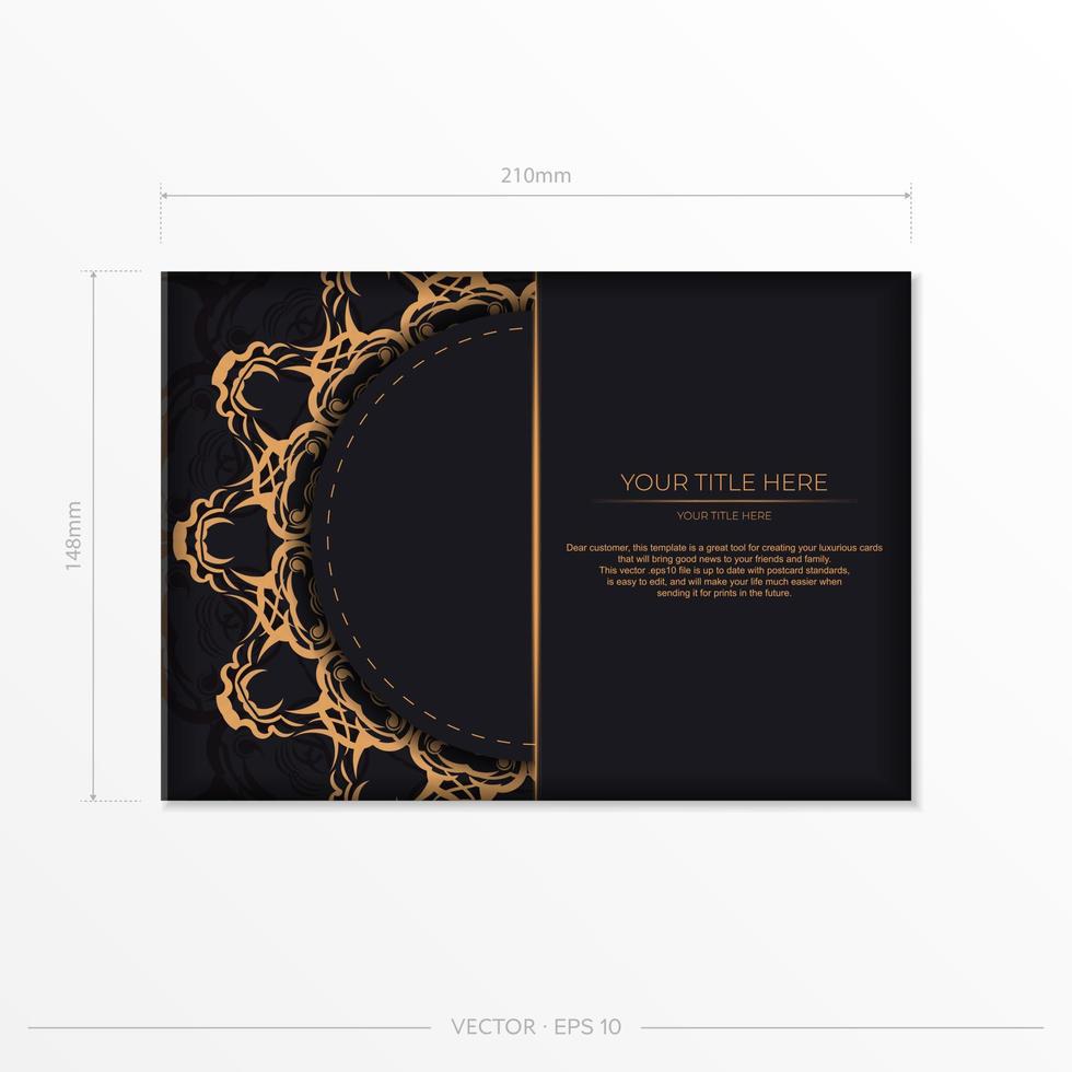 rektangulär vektor framställning vykort i svart med lyx guld ornament. mall för design tryckbar inbjudan kort med årgång mönster.