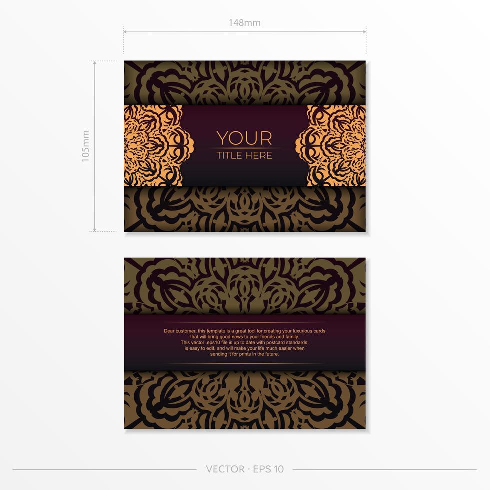 lyxig vinröd Färg vykort mall med årgång mönster. stock vektor grafik tryckfärdig inbjudan design med mandala prydnad.