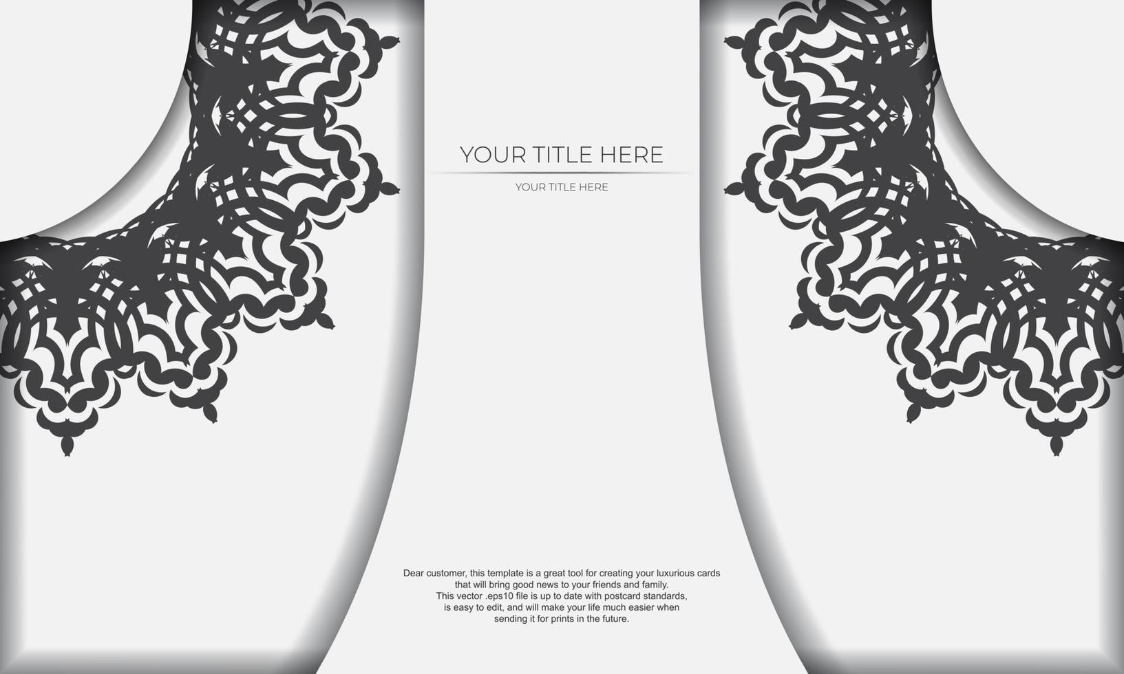vit mall baner med svart ornament och plats under de text. mall för design tryckbar inbjudan kort med mandala mönster. vektor