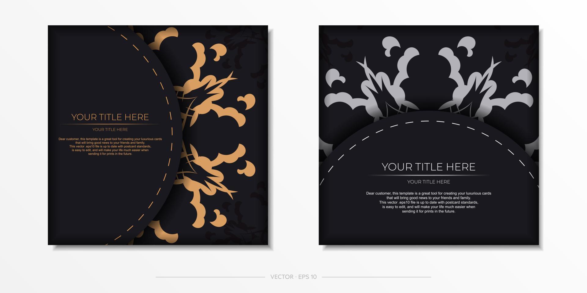 Stellen Sie Vektorschablonenpostkarten in der schwarzen Farbe mit indischen Mustern ein. Druckfertiges Einladungsdesign mit Mandala-Ornament. vektor