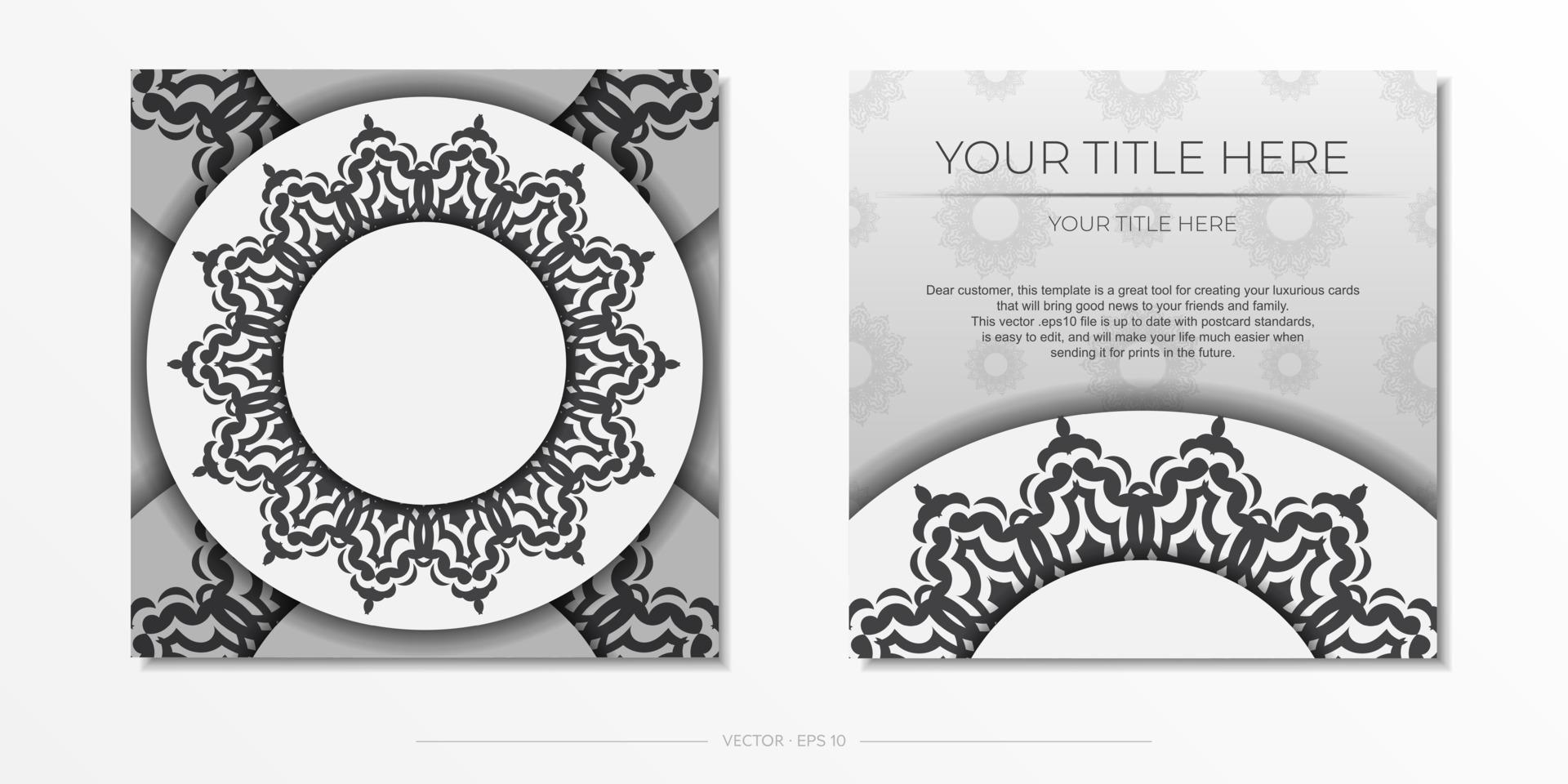 vit Färg vykort mall med svart ornament. tryckfärdig inbjudan design med mandala mönster. vektor