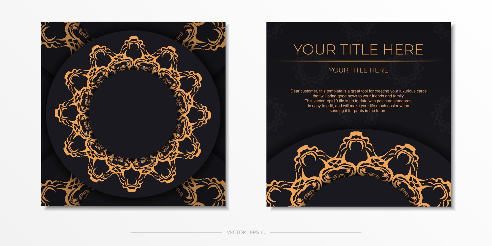 fyrkant vykort mall i svart Färg med lyx guld ornament. tryckfärdig inbjudan design med årgång mönster. vektor