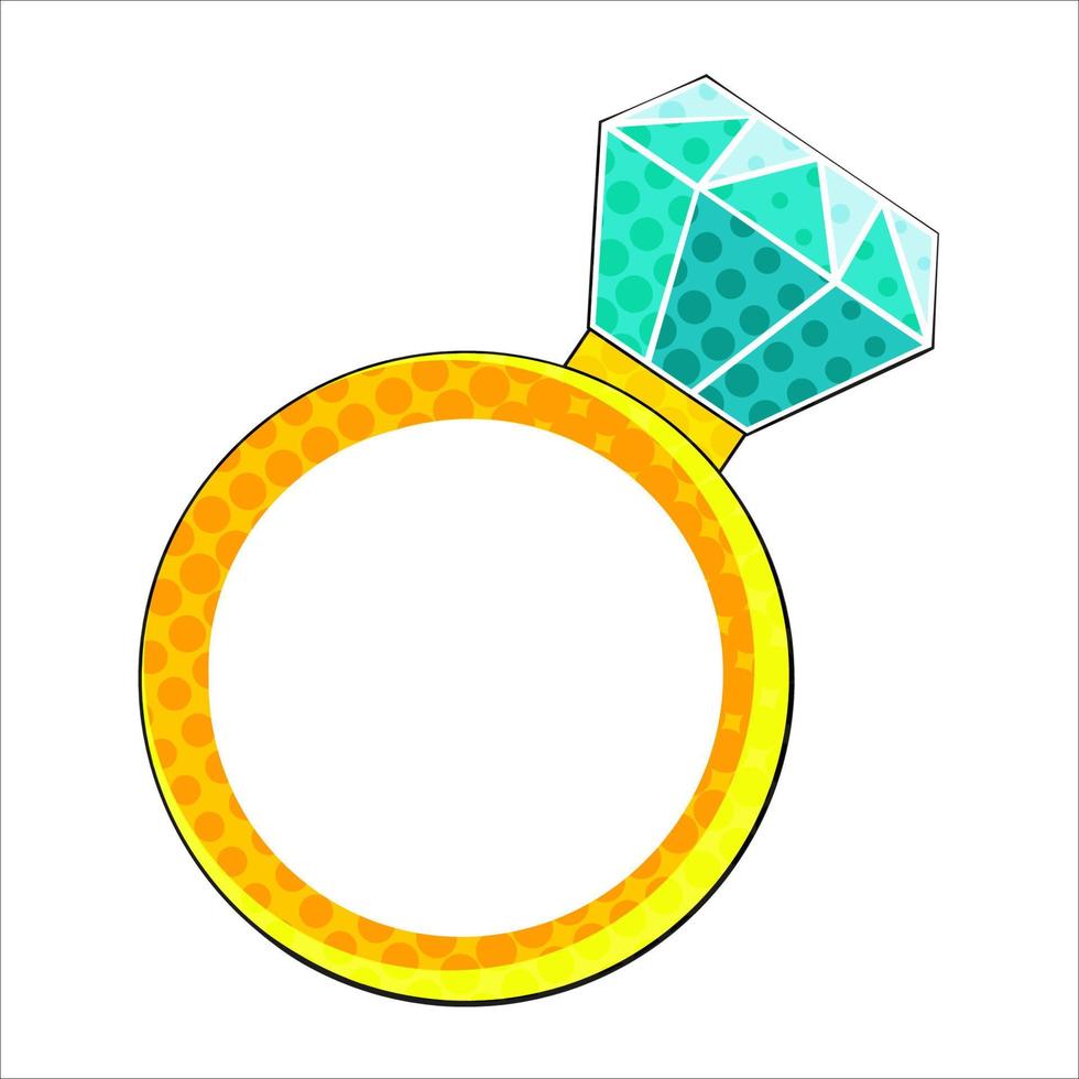 Diamant-Ring-Vektor-Patch-Abzeichen, Aufkleber, Stift isoliert auf weiß. farbiger cartoon blauer glanz brillant, unnachgiebig, edelstein. coole luxusillustration. moderne Mode Pop-Art Comic-Stil der 80er 90er Jahre vektor