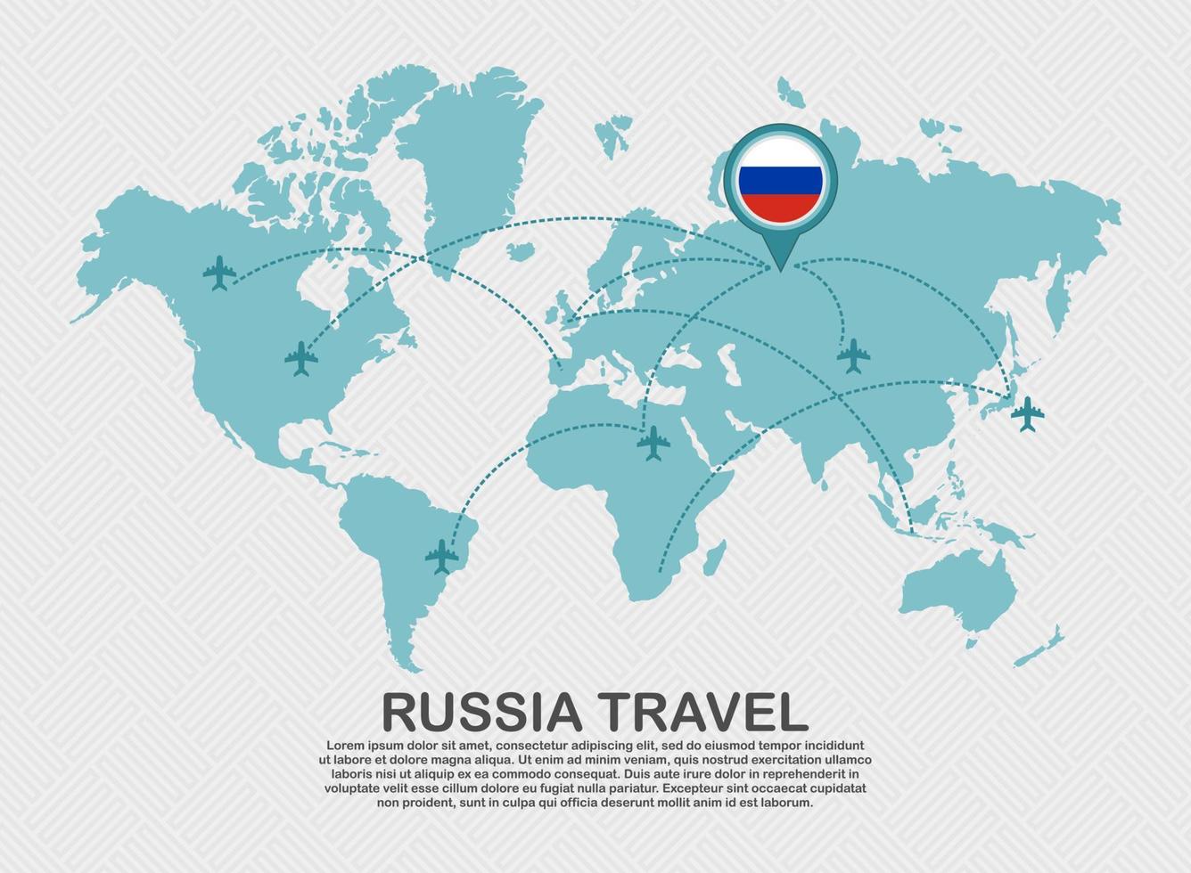 reise nach russland plakat mit weltkarte und fliegendem flugzeugroutengeschäftshintergrund-tourismuszielkonzept vektor