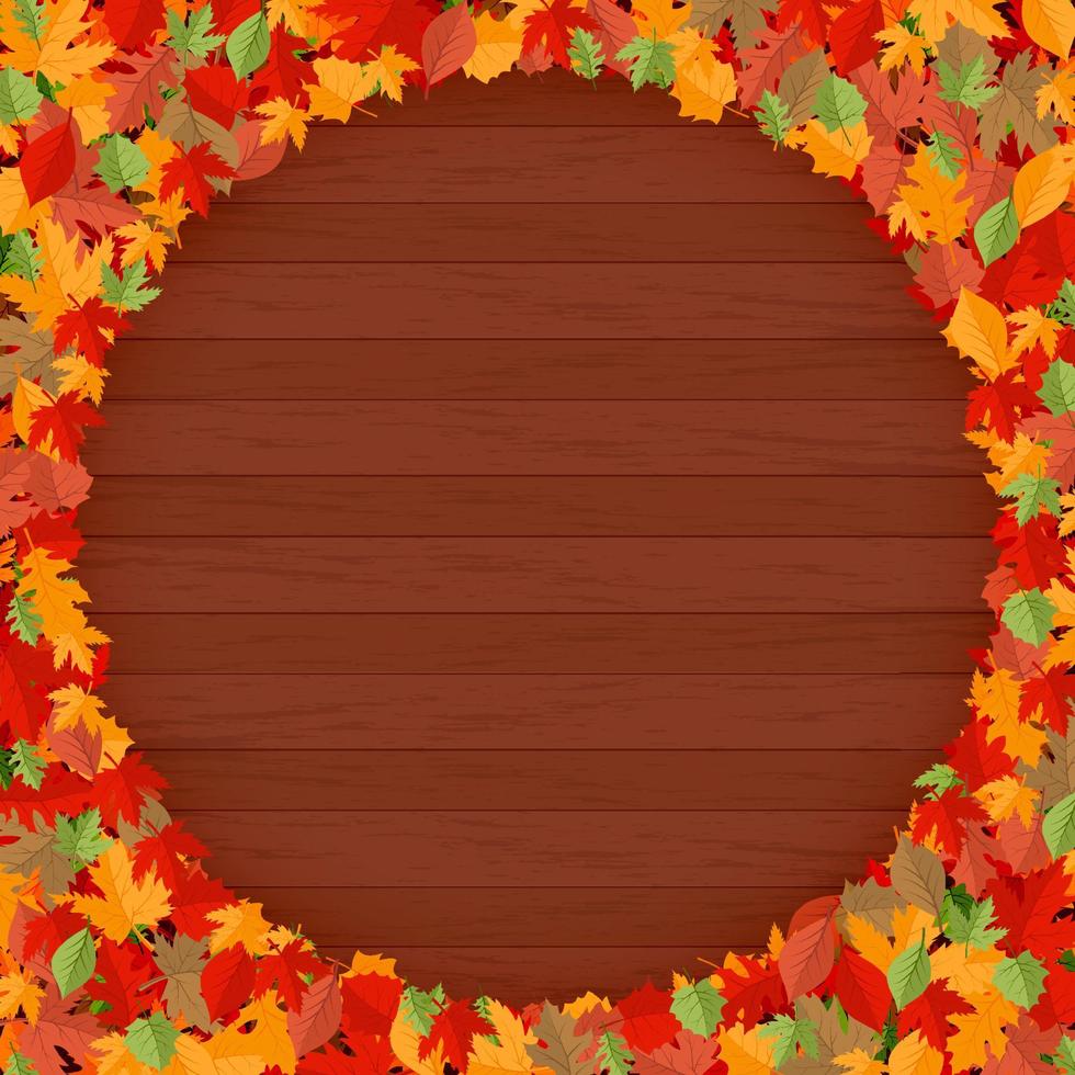Herbsthintergrund mit Blättern und Holztisch, Thanksgiving-Rahmenschablonenhintergrundvektor-Herbstkonzept vektor