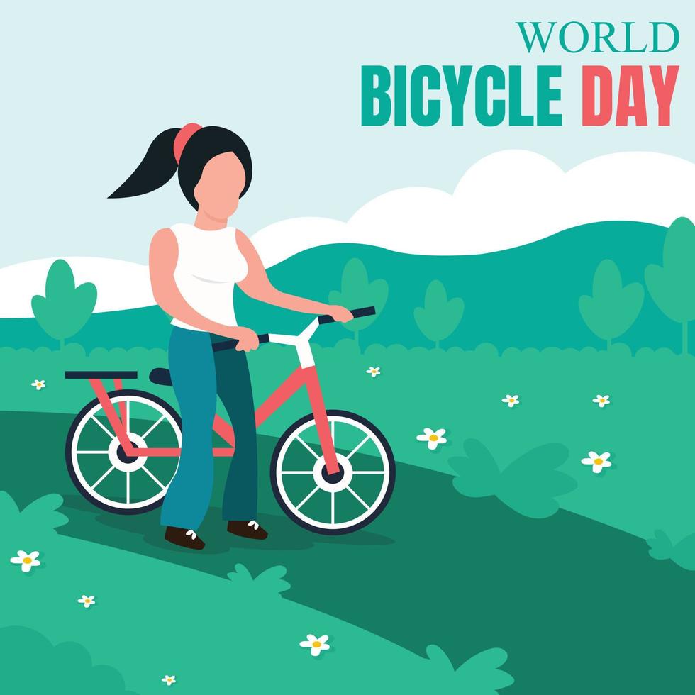 Illustrationsvektorgrafik einer Frau führt ihr Fahrrad in einem Blumengarten, perfekt für Weltfahrradtag, Transport, Sport, Feiern, Grußkarten usw. vektor