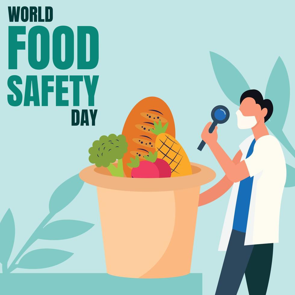 Illustrationsvektorgrafik eines Ernährungswissenschaftlers, der Gemüse und Obst erforscht, perfekt für den Welttag der Lebensmittelsicherheit, Feiern, Grußkarten usw. vektor