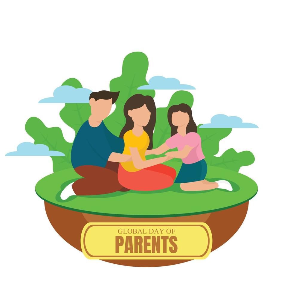 Illustrationsvektorgrafik von Mann und Frau mit ihrer Tochter, die sich im Garten entspannt, perfekt für den globalen Tag der Eltern, Feiern, Grußkarten usw. vektor