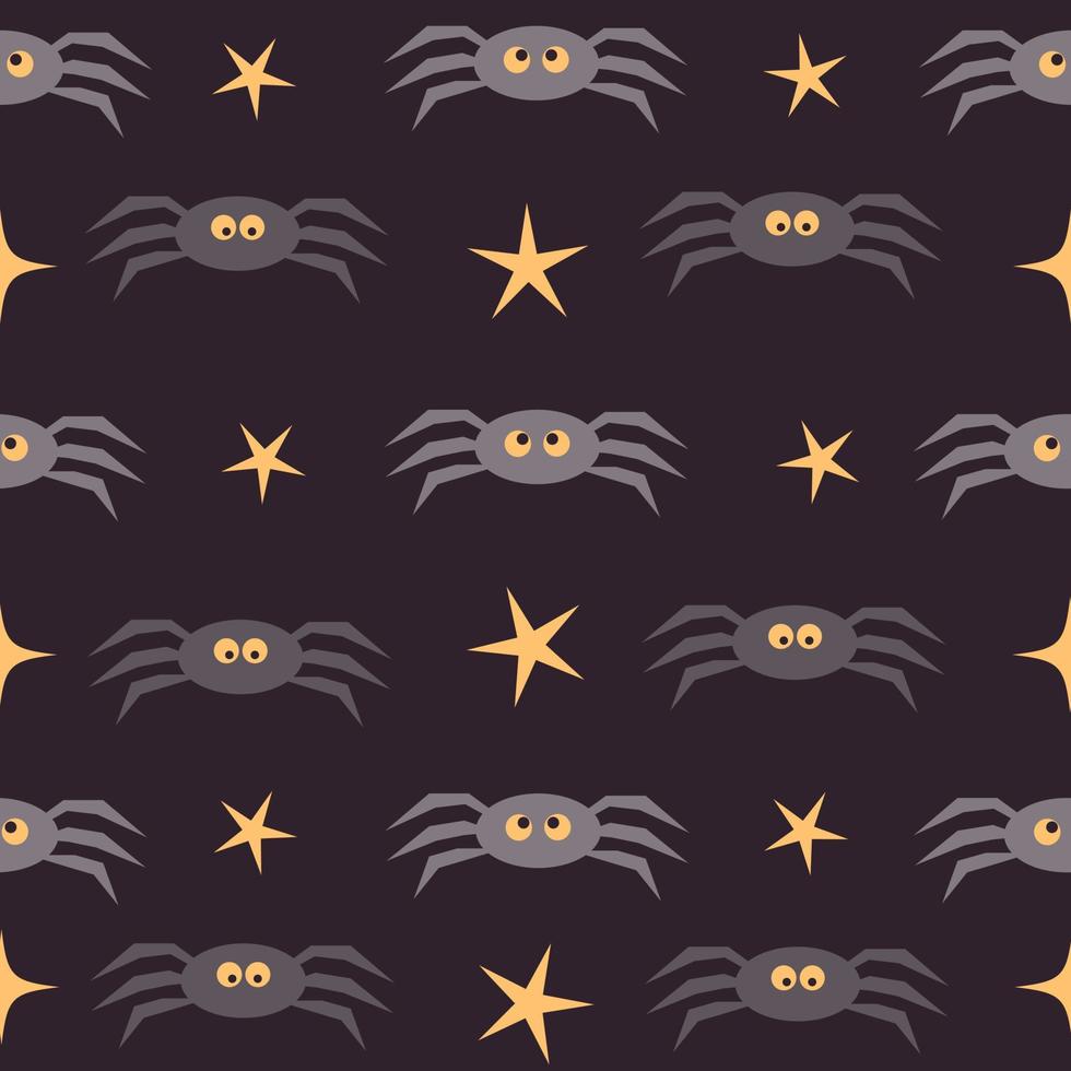 Halloween Musterdesign Hintergrund. lustige spinnen und sterne isoliert auf lila für design-halloween-einladungen, karten, menü. Vektor-Cartoon-Illustration vektor