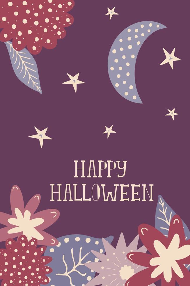 botanisk halloween söt bakgrund med abstrakt växter, blommor, stjärnor och måne. barnslig klotter vektor illustration för design kort, flygblad, fest inbjudningar, festlig baner