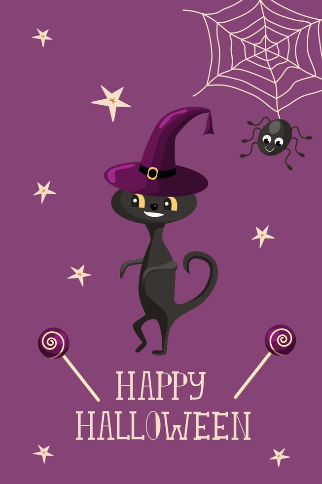 halloween-grußkartenvorlage mit schwarzer katze im hexenhut, niedlicher spinne, spinnennetz und lutscher. moderne Cartoon-Vektorillustration für Halloween-Partydesign, Flyer, Menü, Drucke usw vektor