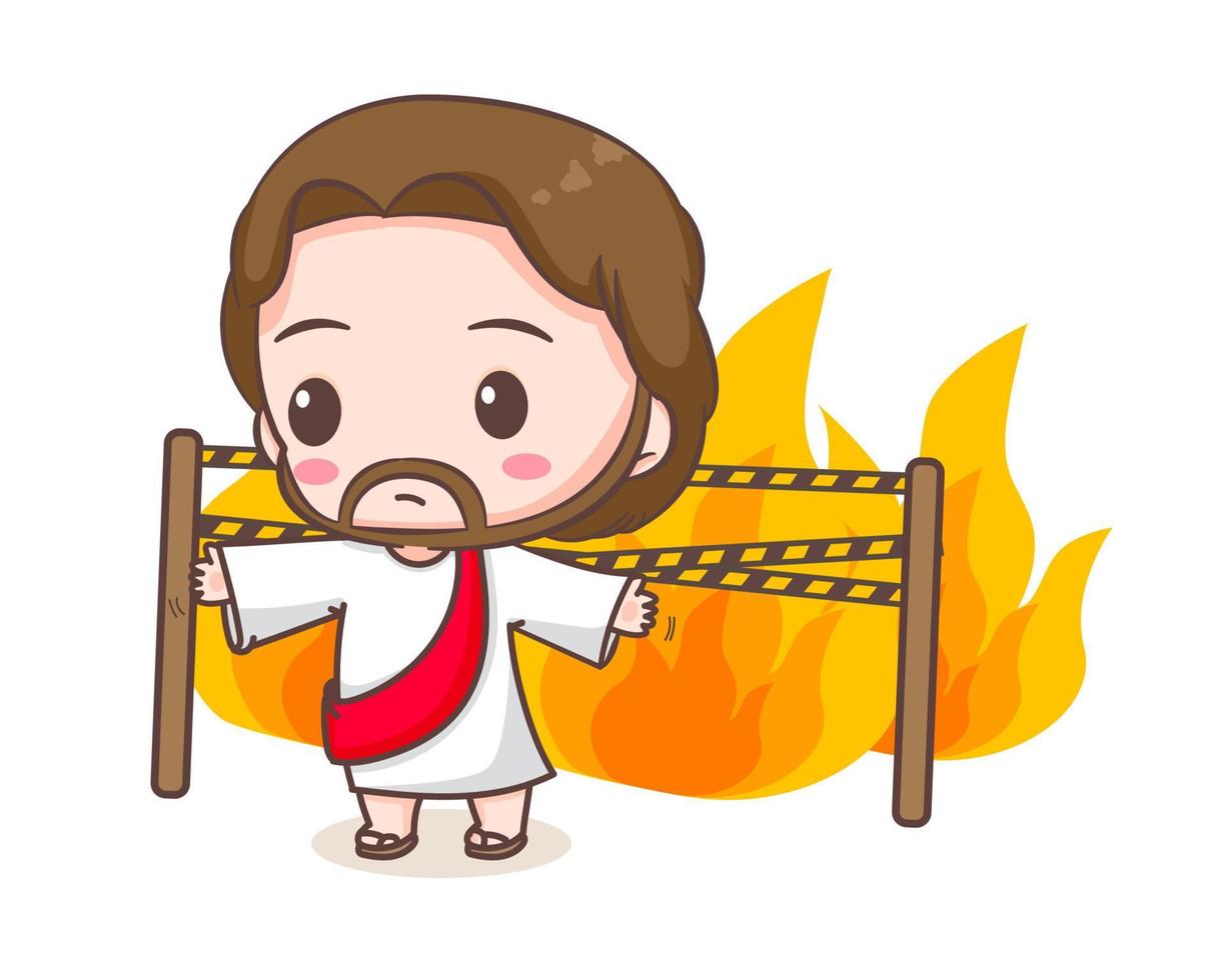 Jesus christ skyddar från brand tecknad serie karaktär. söt maskot illustration. isolerat vit bakgrund. biblisk berättelse religion och tro. vektor