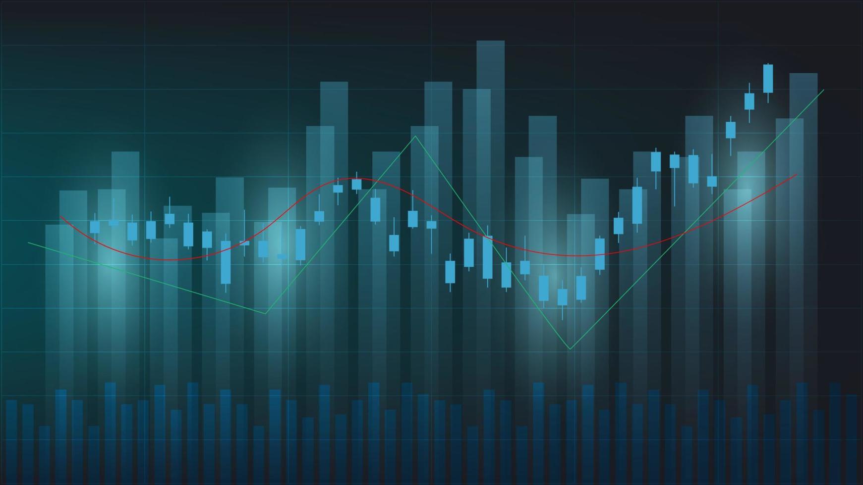 finanzgeschäftsstatistiken mit balkendiagramm und kerzendiagramm zeigen börsenkurs und währungswechsel auf dunkelgrünem hintergrund vektor