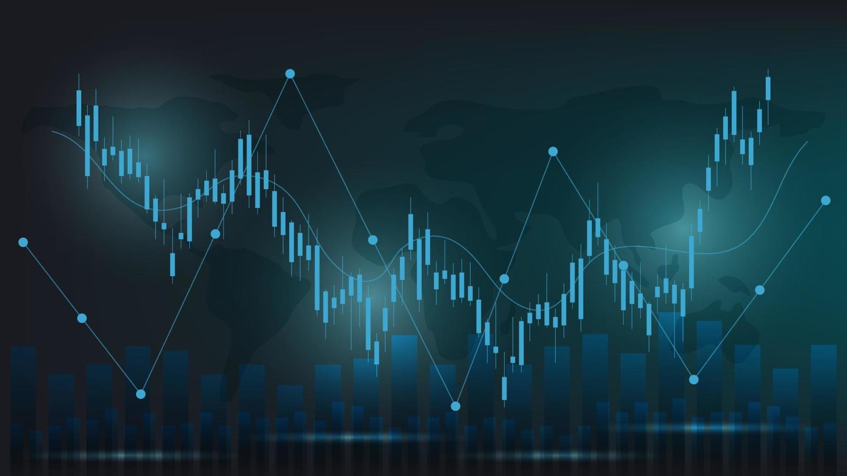 finanzgeschäftsstatistiken mit balkendiagramm und kerzendiagramm zeigen börsenkurs und währungswechsel auf dunkelgrünem hintergrund vektor