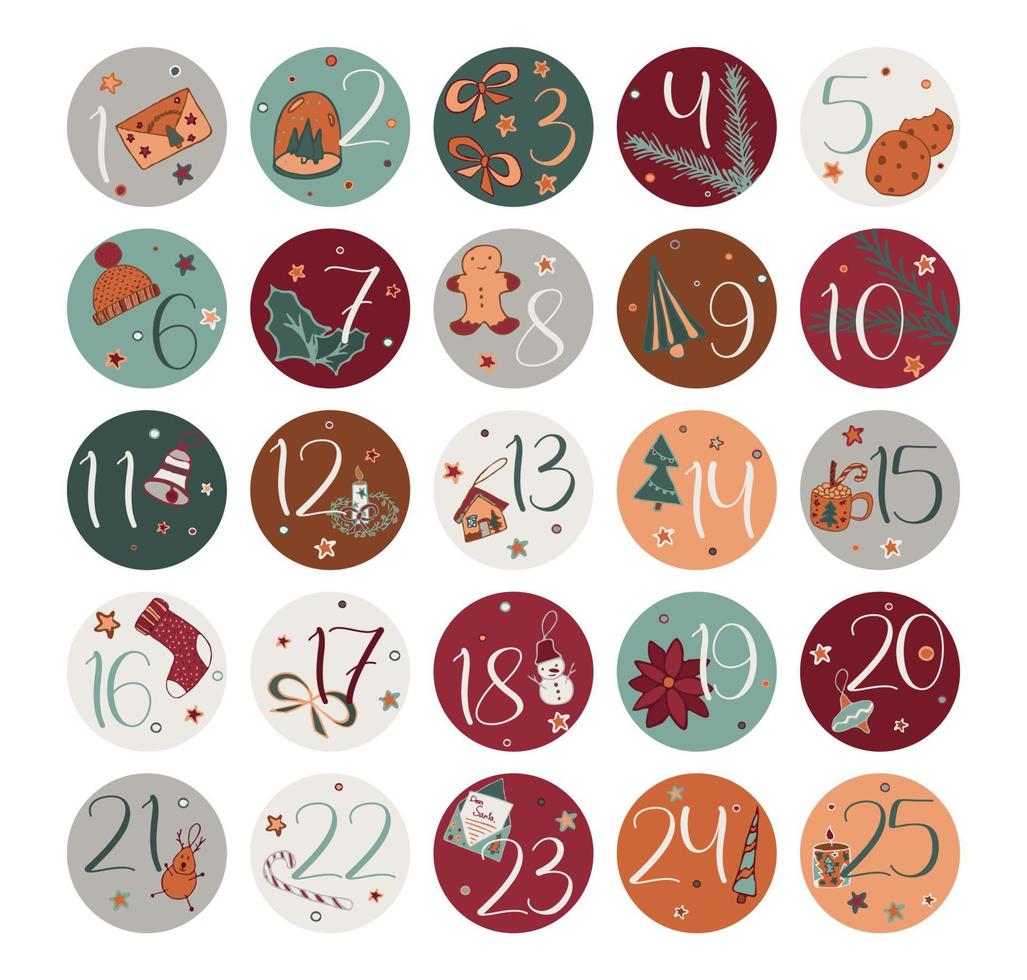 jul räkna ner klistermärke uppsättning med tal från 1 till 25. första advent kalender aning till skriva ut och skära. vinter- gåva märka etiketter vektor