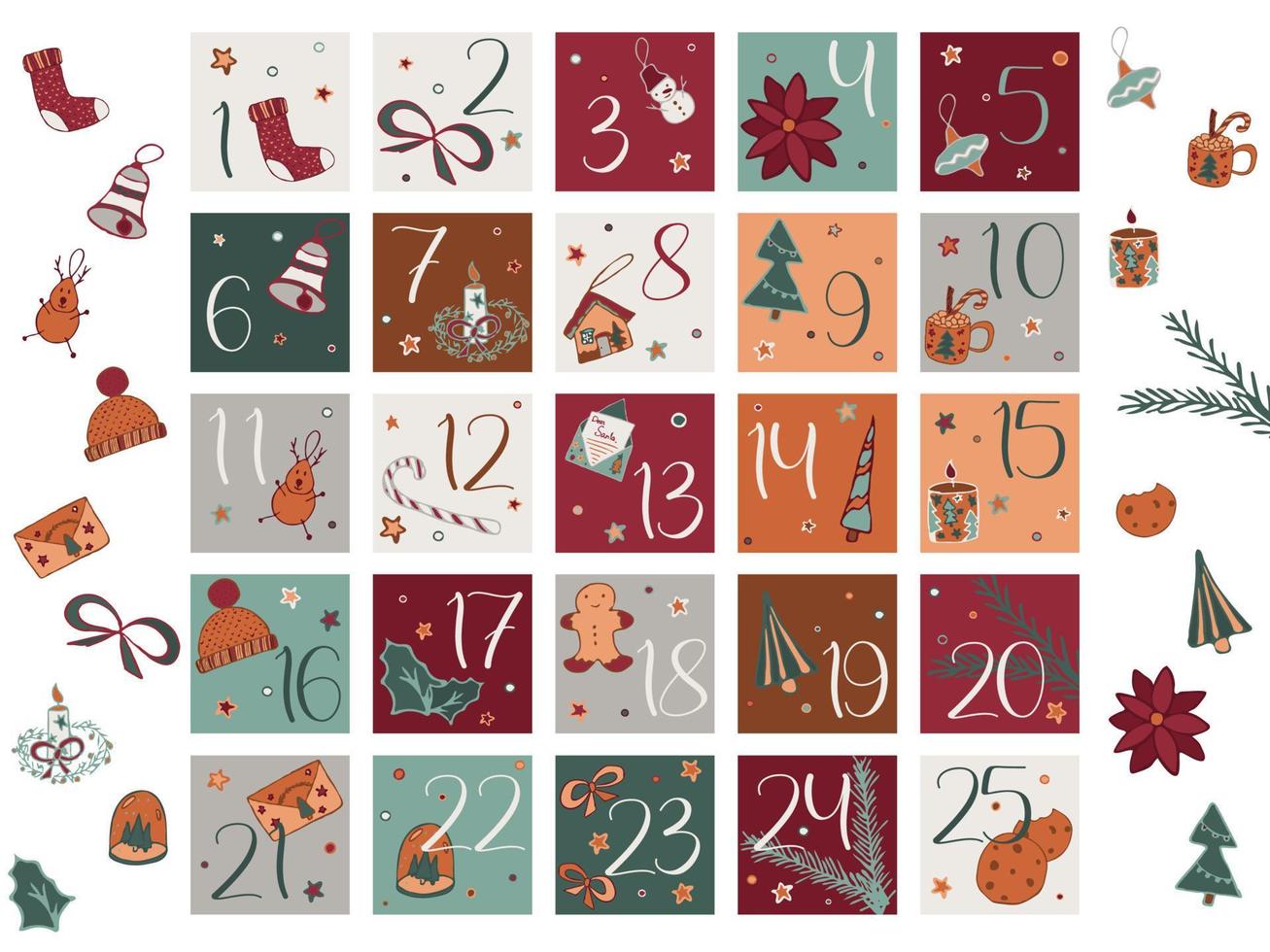 glad jul klistermärke uppsättning med ClipArt och räkna ner 1 till 25. vinter- Semester gåva etiketter redo till skriva ut. vektor grafisk för sublimering eller paket dekoration