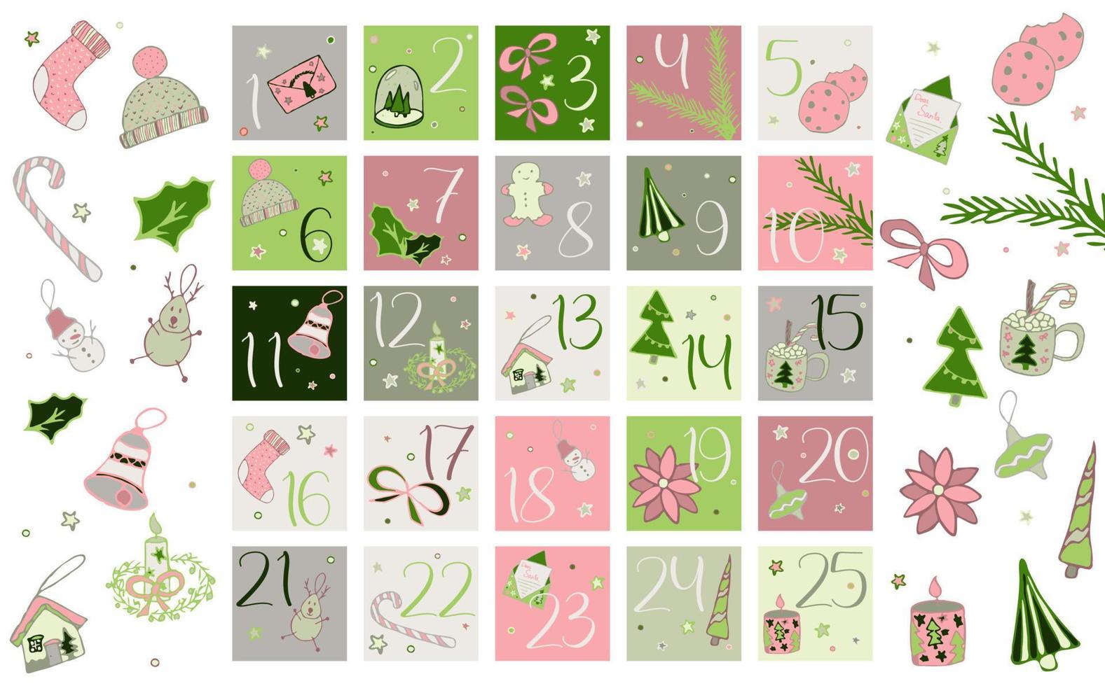 rosa Countdown für Weihnachtsvektorgrafik-Set. pastellfarbener Adventskalender mit Zahlen von 1 bis 25. Wintersticker und Cliparts zum Sublimieren und Strumpfen vektor