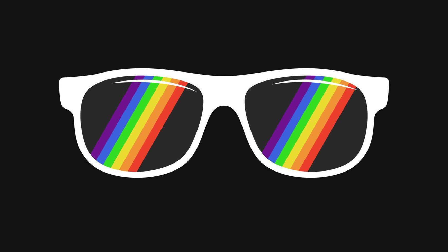 weiße sonnenbrille mit einer reflexion der lgbt-regenbogenflagge auf den gläsern auf schwarzem hintergrund vektor