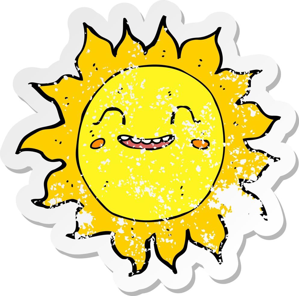 Retro beunruhigter Aufkleber einer glücklichen Sonne der Karikatur vektor