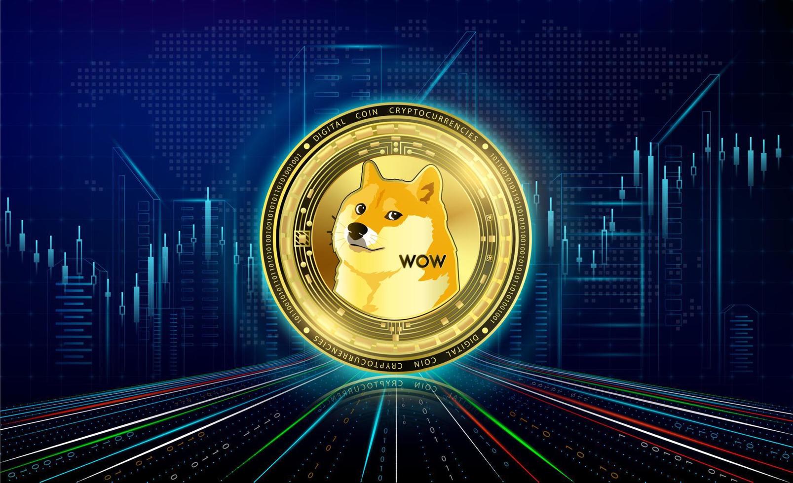 Kryptowährungen Dogecoin mit Wachstumsdiagramm. Internationale Börse. blockchain elektronische kryptowährung online-technologie. Münzengold auf dunklem Neonhintergrund der futuristischen Stadt. 3D-Vektor. vektor