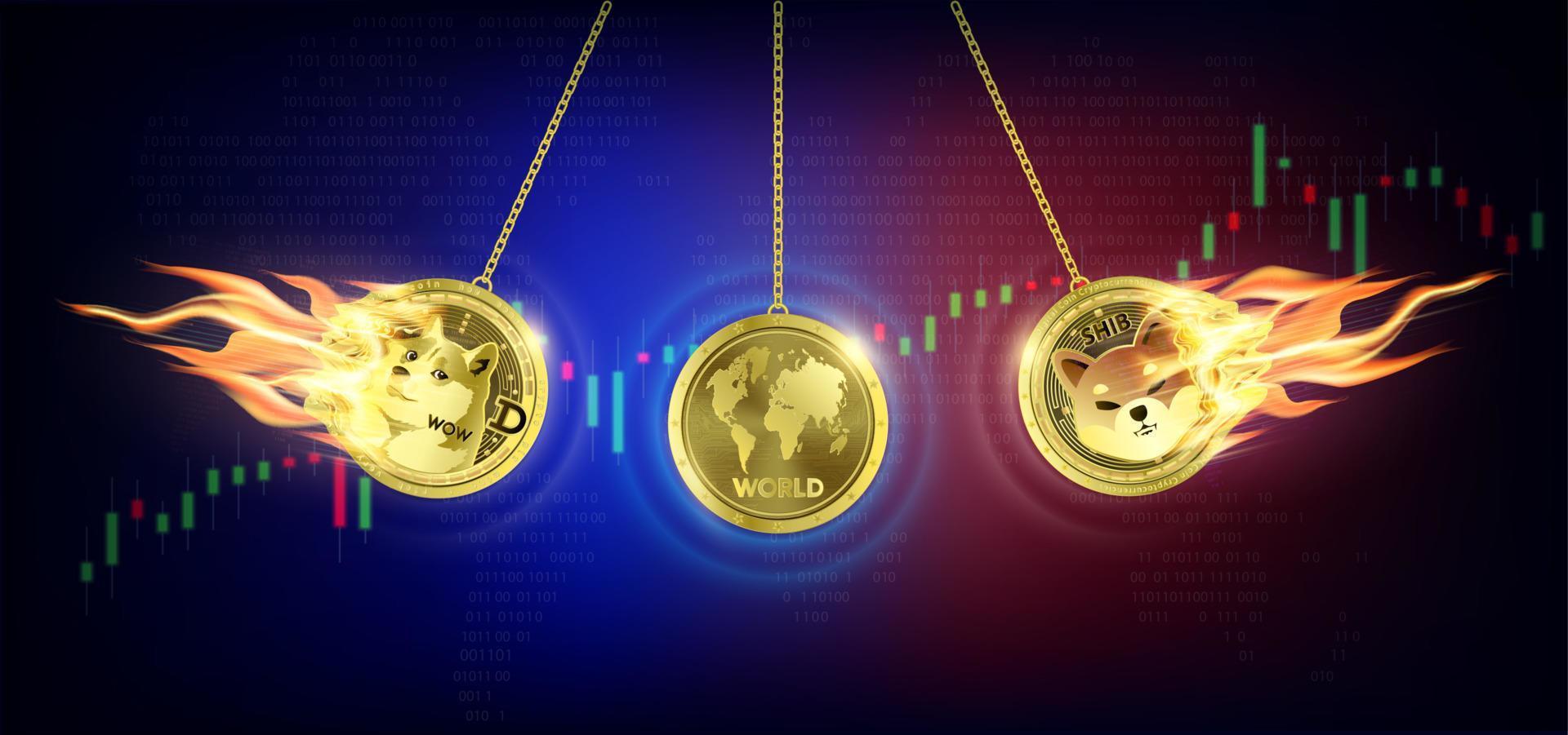 pendel guld mynt dogecoin och shiba inu rörelse stötar värld. crypto valuta. stock marknadsföra tillväxt konkurrens stor data information brytning teknologi. internet elektronisk betalning futuristiska. 3d vektor