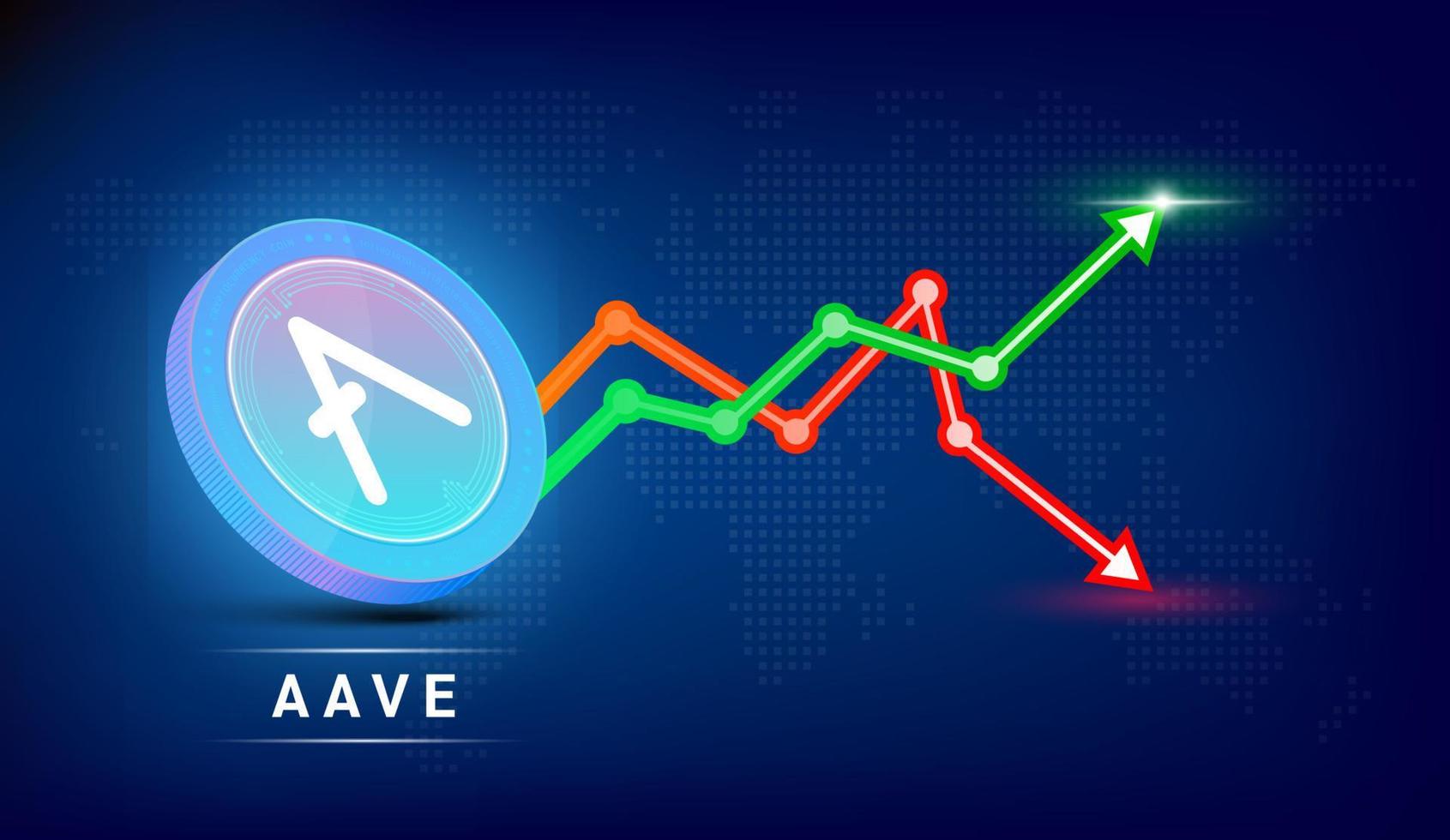 Aave-Münze blau. Kryptowährungs-Token-Symbol mit Börseninvestitions-Handelsdiagramm grün und rot. Münzsymbol auf dunklem Hintergrund. Wirtschaftstrends Geschäftskonzept. 3D-Vektor-Illustration. vektor