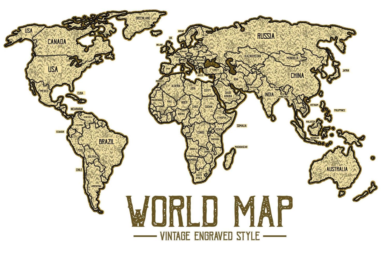Weltkarte im Vintage-Stil, Globuskarte im gravierten Stil vektor