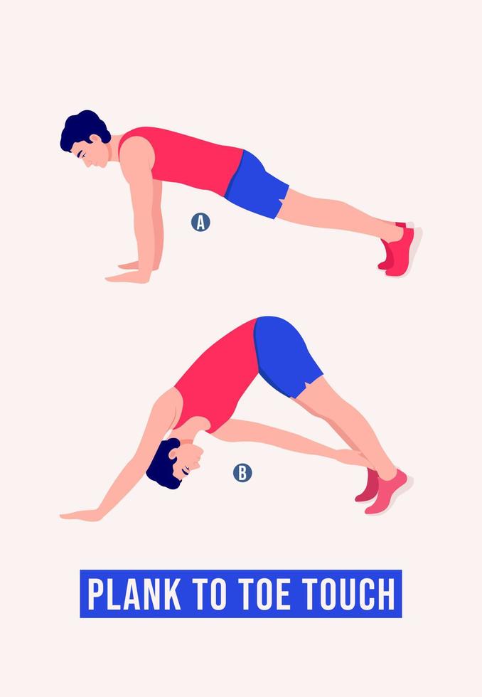 Plank-to-toe-Touch-Übungen, Männer-Workout-Fitness, Aerobic und Übungen. vektor