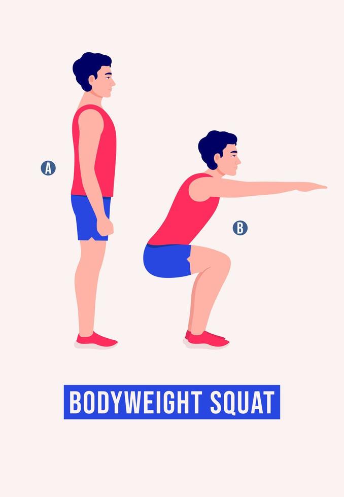 Bodyweight-Squat-Übungen, Männer-Workout-Fitness, Aerobic und Übungen. vektor