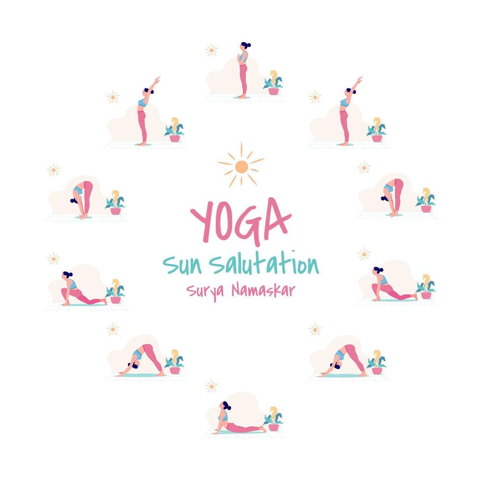 uppsättning av yoga övning Sol hälsning surya namaskar. smal kvinnor i annorlunda yoga positioner vektor
