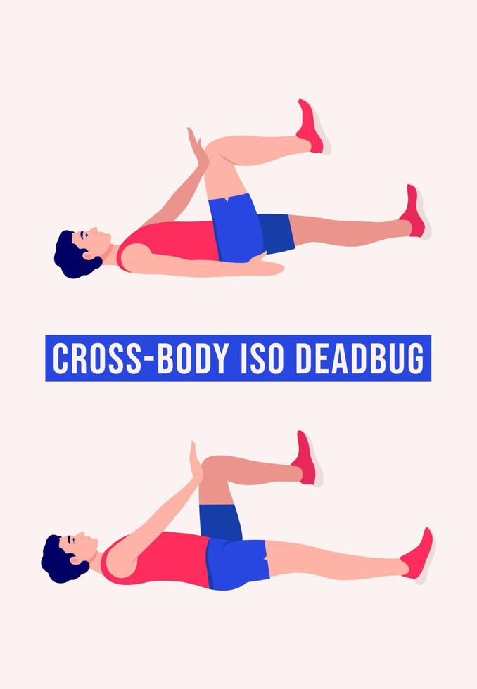 Cross Body Dead Bug Übung, Männer Workout Fitness, Aerobic und Übungen. vektor