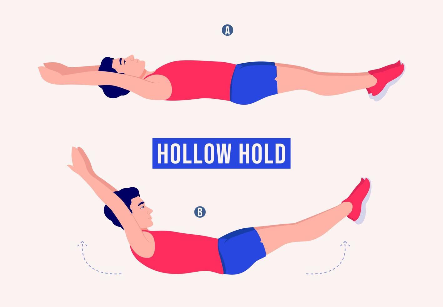 Hollow-Hold-Übung, Männer-Workout-Fitness, Aerobic und Übungen. vektor