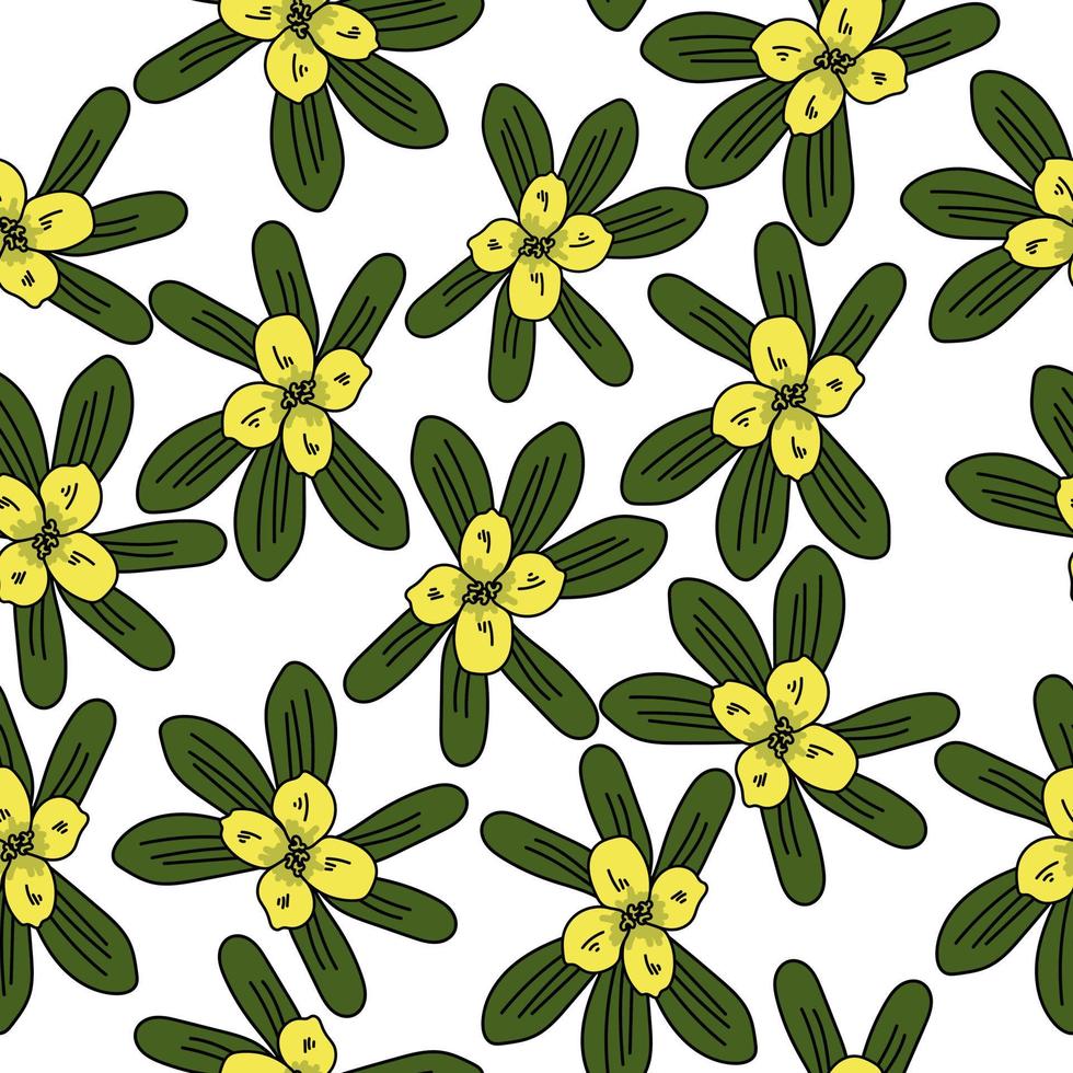 Nahtloses Muster mit einer gelben Blume mit einem grünen Blätterbündel auf weißem Hintergrund, Blumenmotiv mit einfachen abgerundeten Blütenblättern vektor