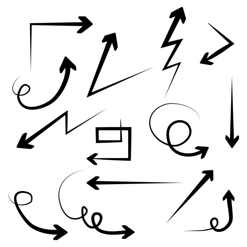 hand dragen pilar ikoner uppsättning. pil ikon med olika vägbeskrivningar. klotter vektor illustration. isolerat på en vit bakgrund