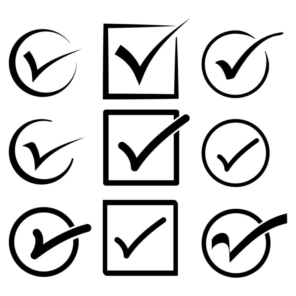 Gekritzelsatz des Häkchenikonen-Vektorsymbols. Häkchen oder Kontrollkästchen-Piktogramm. Vektor-Illustration vektor