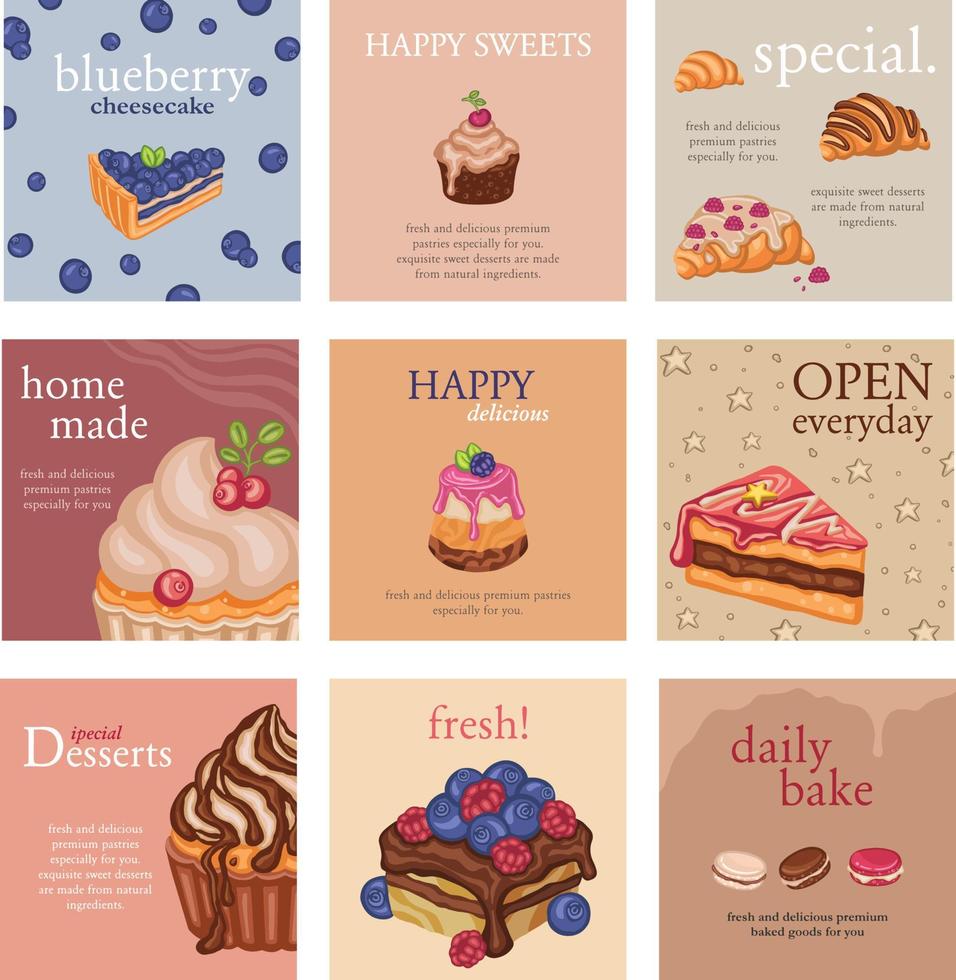 set postkarten süßes gebäck, bäckereifahnen, süßwarenkarten vektor