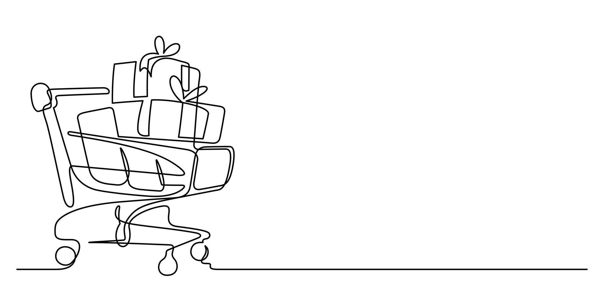 kontinuerlig linje teckning av handla vagn med handla påsar och gåva lådor firande vektor