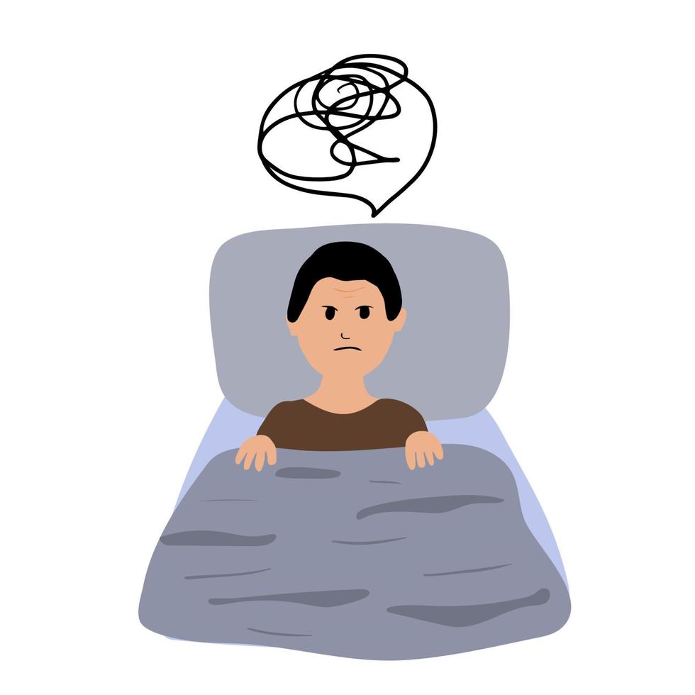 Mann hat Schlaflosigkeit. Ein Mann liegt mit offenen Augen im Bett und kann nicht schlafen. gezeichnete illustration der vektorkarikatur hand vektor