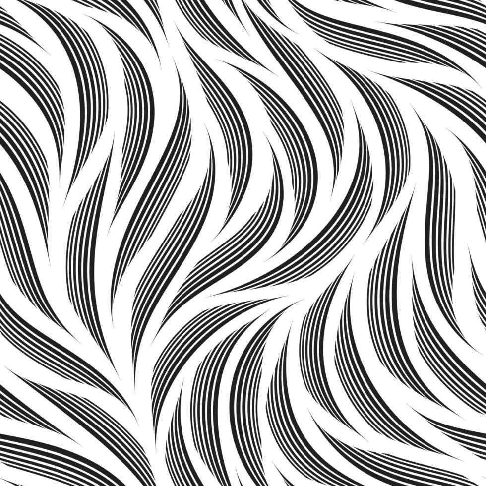 Nahtloses schwarzes Vektormuster aus Wellen und glatten dünnen Linien. Monochromes lineares Muster aus schwarzen dünnen Streifen isoliert auf weißem Hintergrund. vektor